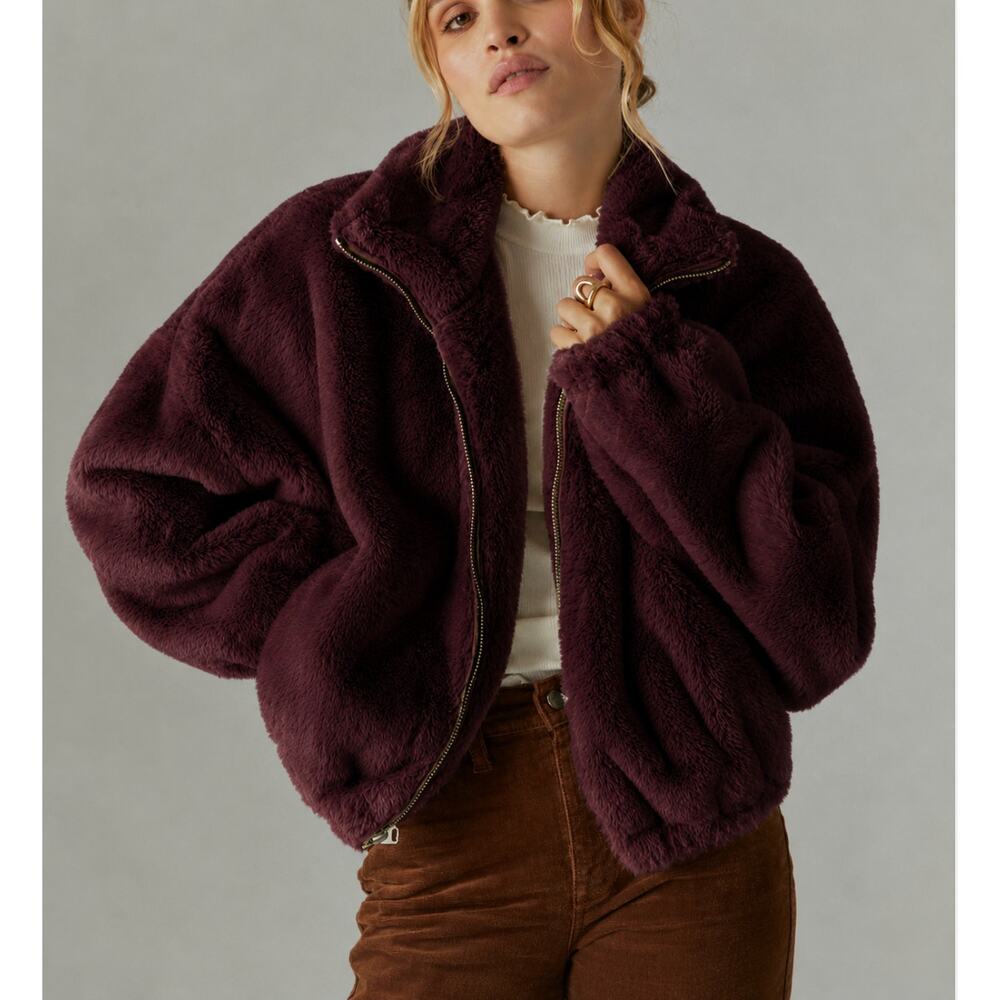 Lucky Brand Burgundy Faux Shearling Teddy Jacket Full Zip Plush Coat Large